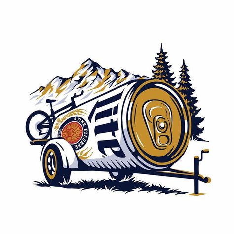 Pedro Oyarbide on Instagram: "It’s Miller time, Colorado. @millerlite This was one of my favorites. Art Directed by the amazing team over at @turner_duckworth Swipe to see the illustration in action. photos by @bennettwantz.design 👉I’ve done a bunch of these for different states and cities, if you live in the US and see any of these billboards out there please take a photo for me! #colorado #millerlite #itsmillertime #pedrooyarbide" Vintage Beer Ads, Beer Illustration Design, Alcohol Graphic Design, Colorado Illustration, Garage Mural, Beer Ideas, Beer Tattoos, Beer Ads, Drinking Design