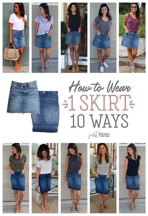 How to Wear a Denim Skirt 10 Ways Jean Skirt Outfits, Denim Skirt Outfits, Outfit Jeans, Denim Skirts, Jeans Rock, Look Plus, Ladies Dress Design, Outfit Casual, Jean Skirt