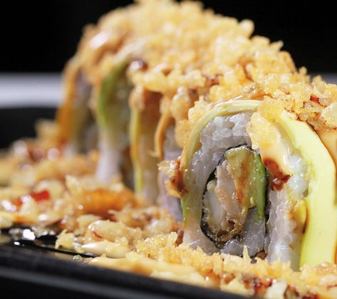 Nuri Sushi on Instagram: “Dragon Grenade Roll. Tempura Queen Prawn Roll With Avocado, Chilli Bean Mayo & NURI-Yaki Sauce, Topped With Tempura Grenades Yummy 😋 🍣 🐉 🍤…” Chilli Beans, Food Experiences, Tempura, Places To Eat, Avocado, Rolls, Sauce, Queen, Ethnic Recipes