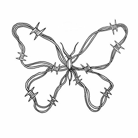 Barbed Wire Butterfly Drawing, Butterfly With Barbed Wire Tattoo, Tattoos With Barbed Wire, Chain Butterfly Tattoo, Metal Butterfly Tattoo, Knee Barbed Wire Tattoo, Barbed Wire Bow Tattoo, Bard Wire Tattoos, Barb Heart Tattoo