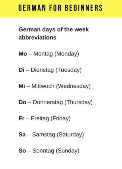 German days of the week abbreviations German For Beginners, Days Of The Week