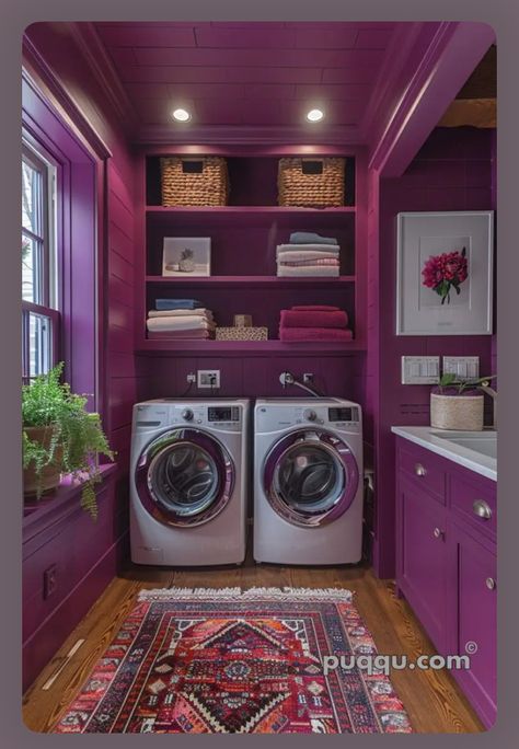 Purple Laundry Room, Closet Layouts, Laundry Closets, Purple Kitchen Designs, Mudroom Inspiration, Laundry Ideas, Girly Apartments, Bachelorette Pad, Purple Kitchen