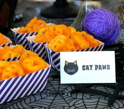 Black Cat Halloween Party Reveal - Parties With A Cause Kitty Party Food Ideas, Cat Birthday Party Food, Cat Themed Food, Cat Bday, Kitty Cat Birthday Party, Halloween Party Decor Ideas, Kitten Birthday Party, Cat Themed Parties, Cat Themed Birthday Party