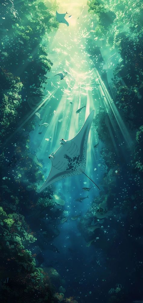 A manta ray inspired anime-like mobile wallpaper. Underwater Anime Wallpaper, Aesthetic Stingray Wallpaper, Manta Ray Phone Wallpaper, Aesthetic Marine Life Wallpaper, Sea Creature Wallpaper Iphone, Ocean Creatures Wallpaper, Phone Wallpaper Underwater, Manta Ray Wallpaper Iphone, Anime Sea Wallpaper