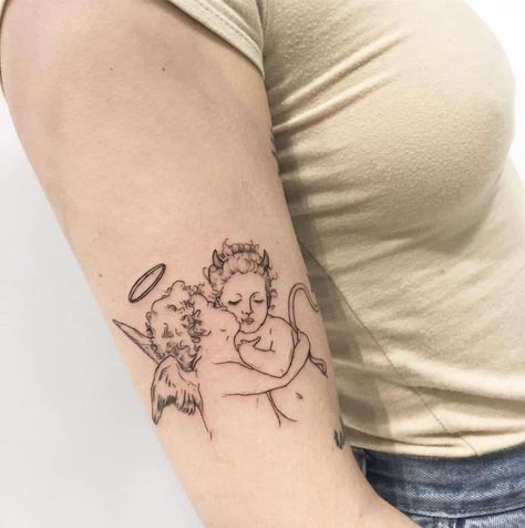 Angel and Devil cherubs by Alexandra Poked Tattoo, Angel Devil Tattoo, Henne Tattoo, Cupid Tattoo, Cherub Tattoo, Alex Love, Devil Tattoo, Muster Tattoos, Inspiration Tattoos