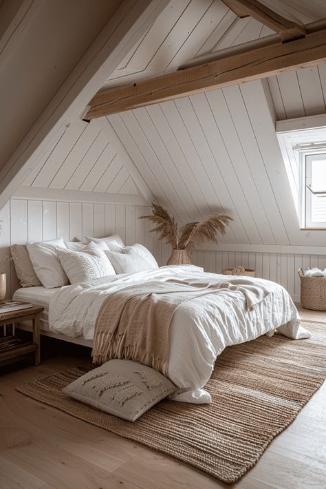 White Attic Bedroom Ideas, Bedrooms In The Eaves, Shiplap Attic Bedroom, Modern Attic Bedroom, Cozy Loft Bedroom, Scandinavian Attic, Bedroom Sloped Ceiling, Bedroom Ideas Attic, Slanted Ceiling Bedroom