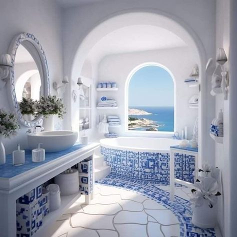 Santorini Bathroom, Greece Bathroom, Santorini Bedroom, Greek Style Home, Greece House, Elegant Bathroom Design, Santorini House, Greek Decor, Beach House Interior Design