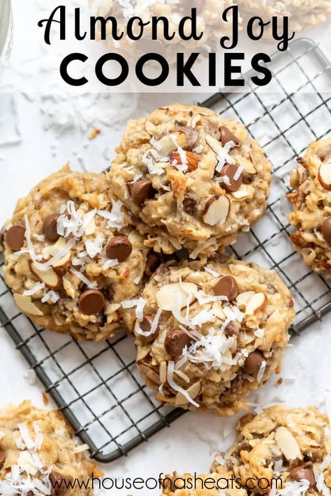 If you love Almond Joy candy bars, you're definitely going to want to make these easy Almond Joy Cookies! They taste like the classic candy but in cookie form with all the wonderful texture of coconut, milk chocolate, and almonds for crunch! #ad #cookies #almondjoy #coconut #milkchocolate #almonds #best #homemade Almond Joy Candy Bars, Almond Joy Candy, Coconut Milk Chocolate, Joy Cookies, Almond Joy Cookies, Dessert Bar Recipe, Cookies Easy, Classic Candy, Mint Cookies