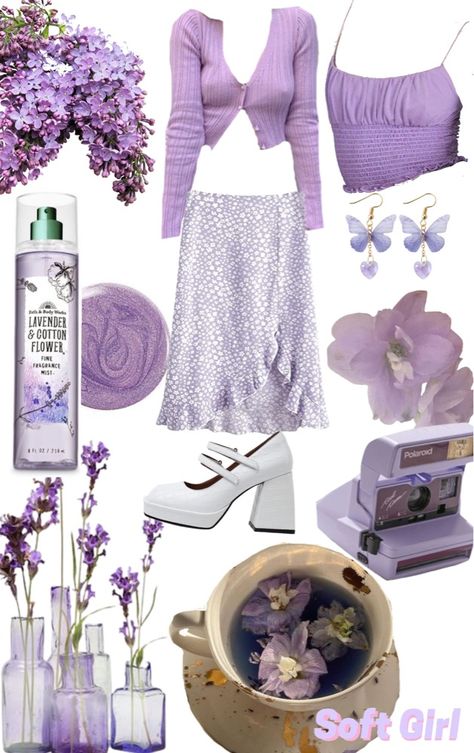 Soft Purple Aesthetic Outfit, Lilac White Outfit, Soft Purple Clothes, Clothes Purple Aesthetic, Cottagecore Outfits Purple, Pastel Purple Aesthetic Outfit, Lavender Clothes Aesthetic, Pastel Purple Outfit Aesthetic, Lilac Aesthetic Outfit