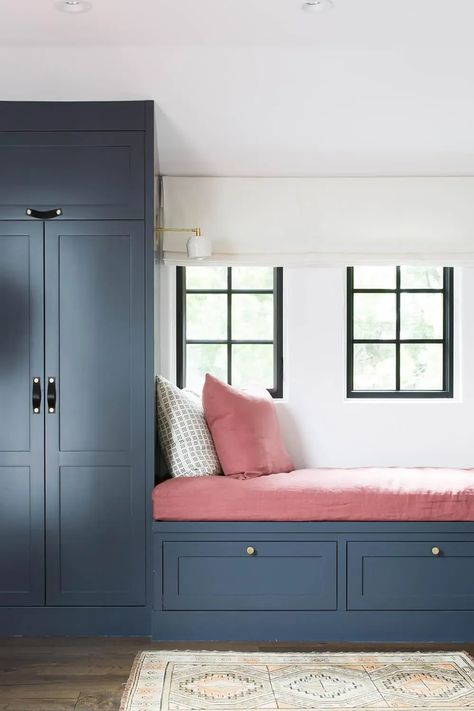 mudroom inspo + mudroom storage + mudroom bench + pops of color + gray blue cabinets + storage bench + built in storage | Scout & Nimble Wardrobe With Sitting Area, Wardrobe Design Ideas, Wardrobe Aesthetic, Wardrobe Door Designs, Mud Room Storage, Bedroom Closet Design, Wardrobe Design Bedroom, Sell Your House Fast, Cupboard Design