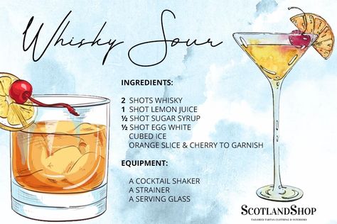 Whisky Sour Recipe, Alcohol Illustration, Fireball Cocktails, Scottish Food, Mommy Juice, Whisky Sour, Recipes Drinks, Cocktail Drinks Alcoholic, Whisky Cocktails