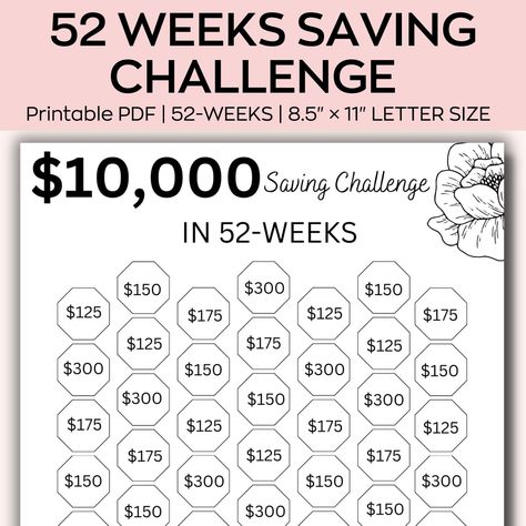 #52_Weeks_Saving_Challenge #Savings_Challenge_Weekly #10000_In_52_Weeks #Savings_Challenge_10k 10000 In 52 Weeks, 10k Savings Challenge, 10k Savings, Savings Chart, 52 Week Savings Challenge, Saving Tracker, 52 Week Savings, Savings Challenge Printable, Week At A Glance