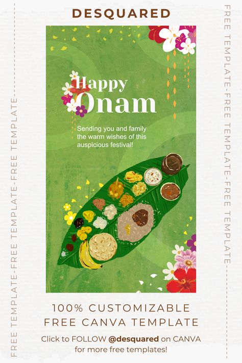 A free happy onam greeting designed on Canva with traditional Kerala elements like onam sadya(onasadya), pukalam (pookkalam) and banana leaf. It can be downloaded easily from Desquared's profile on Canva. Onam Templates, Happy Onam Poster, Onam Poster Design, Onam Poster, Happy Onam Wishes, Onam Greetings, Onam Wishes, Blackboard Art, Onam Festival