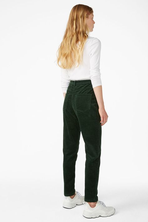 Slim fit corduroy trousers - Deep forest green - Trousers & shorts - Monki NL Classic Style Icons, Deep Forest Green, Cord Trousers, 80s And 90s Fashion, Green Trousers, Corduroy Trousers, Green Soft, Corduroy Jeans, Fashion Icons