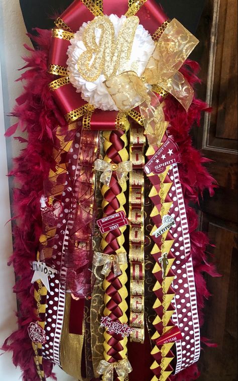 Maroon And Gold Mums Homecoming, Texas Homecoming Mums Diy, Maroon Mums Homecoming, Sophomore Mum, Gold Homecoming Mum, Spirit Overalls, Mum Homecoming, Hoco Mums, Homecoming 2024