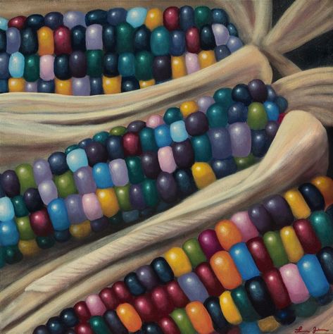 "Solstice Corn (Glass Gem Corn)", by Lauren E. Johnson, acrylic on canvas, 24"h x 24"w. More info at laurenejohnsonartstudio.com Gem Corn, Corn Painting, Glass Gem Corn, Lauren Johnson, Glass Gems, Mario Bros, Macro Photography, Original Fine Art, Acrylic On Canvas