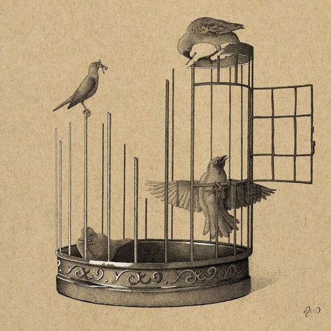 stippling drawing Open Cage Drawing, Open Bird Cage Drawing, Bird In Cage Art, I Know Why The Caged Bird Sings, Open Cage Tattoo, Bird In A Cage Drawing, Caged Bird Aesthetic, Bird Carrying Letter, Caged Bird Art