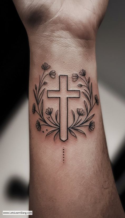 Floral Encircled Cross Wrist Tattoo