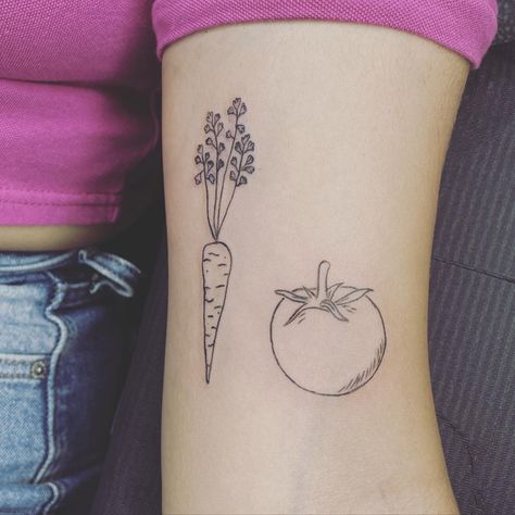 Holly | Okay I’m obsessed 😍 who knew a carrot and tomato would steal my heart #tinytattoo #smalltattoo #doodletattoo #lineart #linetattoo… | Instagram Sourdough Tattoo, Tomato Flower Tattoo, Tomato Tattoo Ideas, Tiny Tomato Tattoo, Fine Line Tomato Tattoo, Tomato Tattoo Small Black, Tomato Vine Tattoo, Cherry Tomato Tattoo, Tomato Tattoo Black