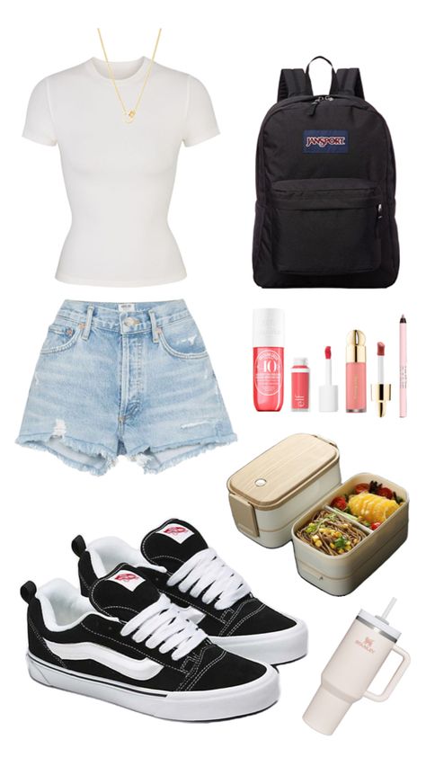 a casual back to school outfit to wear in this back to school season! School Outfits White Shirt, Outfit Ideas With Vans, White Vans Outfit, Bts School, White Shorts Outfit, Cute Highschool Outfits, Slides Outfit, Vans Outfit, Style Vans