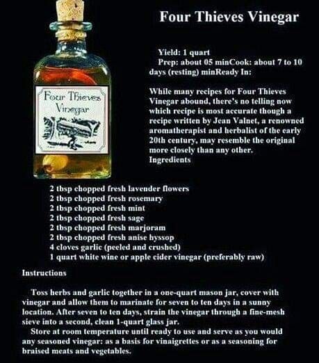 Four Thieves Vinegar Recipes, Kitchen Spells, Witchy Oils, Herb Chart, Diy Witchcraft, Four Thieves Vinegar, Money Bowl, Banishing Spells, Magick Oil