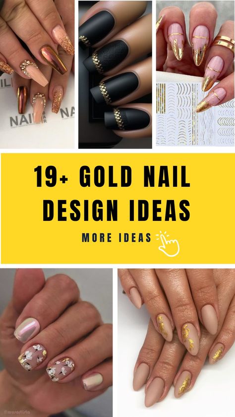 19+ Gold Nail Design Ideas Gold Strip Nail Designs, Foil Nail Designs Ideas, Gold Foil Nail Designs, Nails With Gold Accent, Gold Flake Nails, Gold Acrylics, Gold Holographic Nails, Metallic Gold Nails, Gold Stiletto Nails