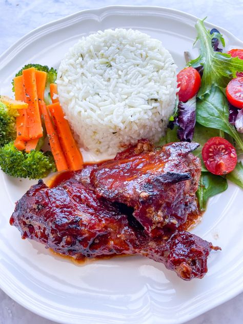 Jamaican Baked BBQ Chicken - Jam Down Foodie Jamaican Baked Chicken, Jamaican Baked Chicken Recipes, Jamaican Bbq Chicken, Jerk Chicken With Pineapple, Sauce For Baked Chicken, Baked Bbq Chicken Legs, Baked Bbq Chicken Recipes, Chicken Thighs In Oven, Jamaican Recipe