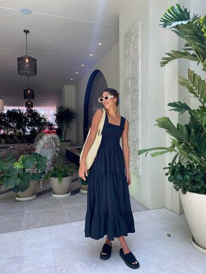 Maxi Dress Summer 2024, Modest Sundress, Sundress Modest, Long Black Summer Dress, Claw Clips Flower, Long Black Dress Outfit, Maxi Dress Outfit Casual, White Maxi Dress Outfit, Abercrombie Style