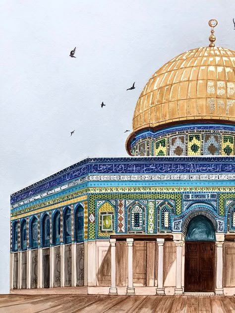 Mosque Drawing, The Dome Of The Rock, Mosque Art, Islamic Art Canvas, Dome Of The Rock, Islamic Caligraphy Art, Islamic Calligraphy Painting, Calligraphy Art Print, Caligraphy Art