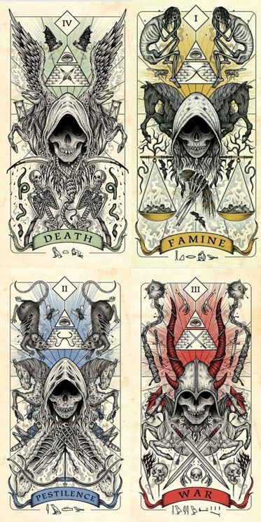 there is the four horse men of the apocalypse. Four Horsemen Of The Apocalypse Tattoo, Seven Deadly Sins Tattoo, Apocalypse Tattoo, Four Horseman, Four Horses, Doodle Characters, Apocalypse Art, Horsemen Of The Apocalypse, Magick Book