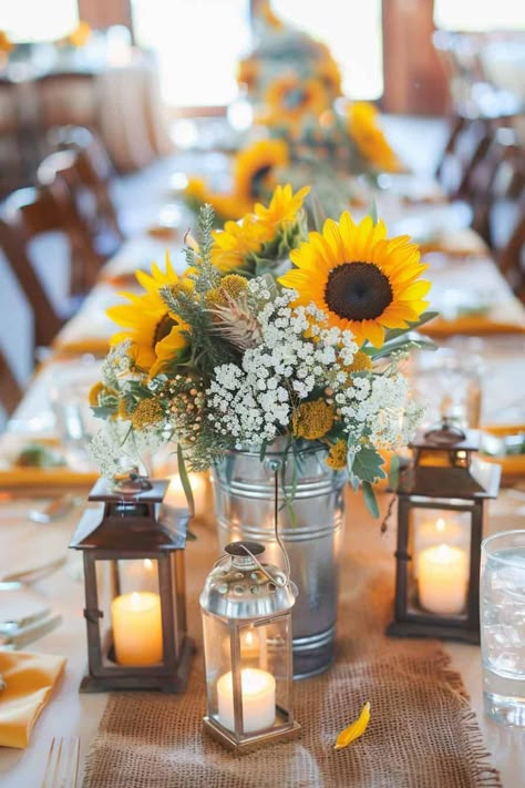 14 Sunflower Centerpiece Ideas For Weddings And Events • Sunflowers And Daisies Wedding, Diy Sunflower Centerpieces, Sunflower And Daisy Wedding, Sunflower Tablescapes, Boho Wedding Centerpieces Diy, Summer Sunflower Wedding, Summer Flower Centerpieces, Sunflower Table Centerpieces, Fall Sunflower Weddings