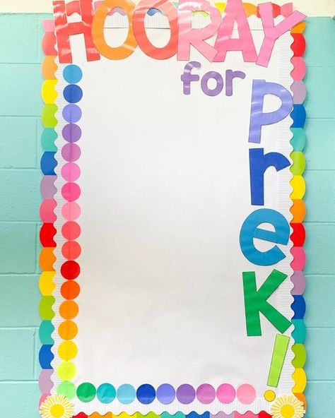 Bernice Hawkins on Instagram: "Are you team brights or team neutral? I love bright colors so much and the entrance bulletin board in my classroom brought me a serious about of joy! Border by @schoolgirlstyle and the dot design was inspired by one of her collections too. #backtoschool #teambrights #prekindergarten #prek #prekclassroom #prekteacher #teachersofinstagram #bts2022 #prekteachersofinstagram #teachersfollowteachers" Teal Bulletin Board Ideas, Back To School Prek Bulletin Boards, Yay You're Here Bulletin Board, Pre K Bulletin Board Ideas Preschool, Prek Classroom Bulletin Board Ideas, Rainbow Bulletin Board Ideas Preschool, Welcome To Prek Bulletin Board, Joy Bulletin Board, First Day Of School Bulletin Board