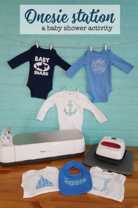 DIY Onesie Making Station for a Baby Shower with your Cricut using iron on vinyl and fusible fabric. #cricutmade #cricut #babyshower Diy Onesie Decorating, Onesie Making Station, Diy Onesie, Onesie Station, Cricut Baby Shower, Baby Drawer, Shark Onesie, Onesie Decorating, Pot Storage