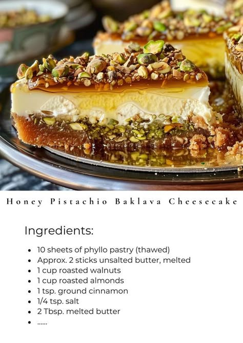 Tasty Cooking - easy & yummy | Treat yourself to a slice of our Indulgent Honey Pistachio Baklava Cheesecake | Facebook Honey Pistachio Baklava Cheesecake, Honey Pistachio, Honey Dessert, Phyllo Pastry, Pistachio Cheesecake, Baklava Cheesecake, Pistachio Baklava, Cooking Easy, Dessert Aux Fruits