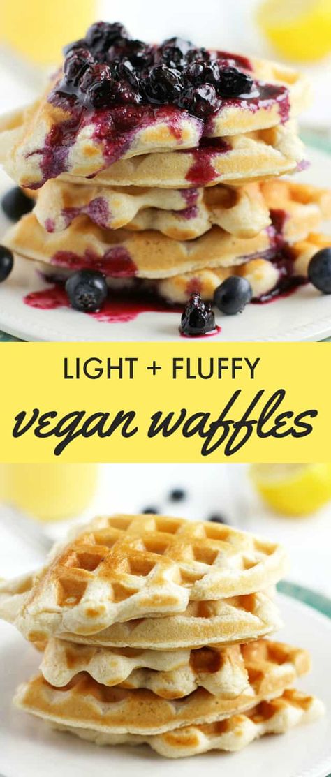 Easy and delicious light and fluffy vegan waffles. Perfect for the weekend! #vegan #eggfree #dairyfree Vegan Waffles, Weekend Break, Blueberry Sauce, Desserts Vegan, Tofu Scramble, Waffle Recipes, Vegan Treats, Sodium Bicarbonate, Vegan Sweets