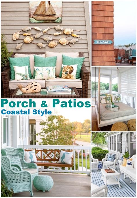 Beach Themed Patio Ideas, Florida Back Porch Ideas, Beach Porch Decorating Ideas, Beach House Back Porch, Beach House Front Porch Ideas, Front Porch Beach Decor, Nautical Patio Decor, Small Coastal Front Porch Ideas, Back Porch Wall Decor Ideas