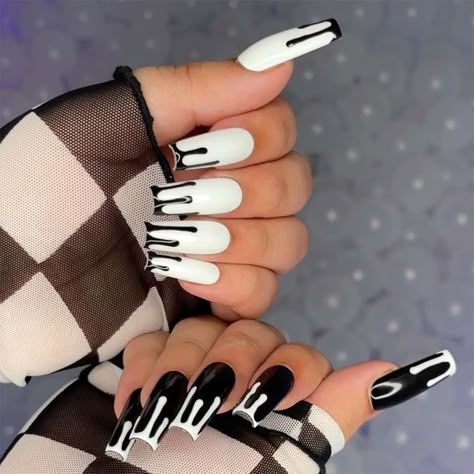 How to Do a Drip Effect on Nails? – Lavis Dip Systems Inc Black And White Drip Nails, Half Black Half White Nails, Black And White Acrylic Nails, Acrylic White Nails, Aesthetic Nail Art, Black And White Nail Designs, Crazy Nail Art, Aesthetic Nail, Black Acrylic Nails