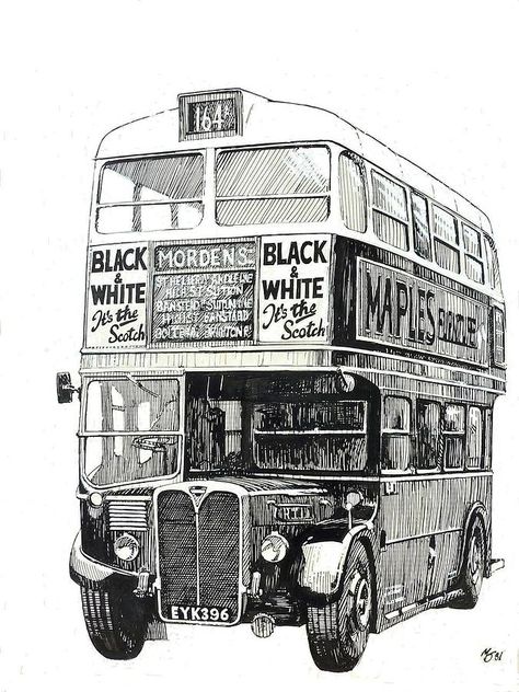 RT 1, de London Transport Bus Drawing, Sketchbook Ideas Inspiration, London Drawing, Bus Art, Gcse Art Sketchbook, London Wall Art, Pen Art Drawings, Picture Quilts, London Transport