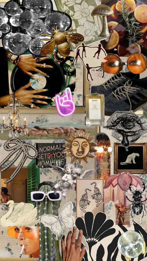 This aesthetic can be described as "vintage eclectic bohemian with a surreal twist." It combines elements of retro luxury (like chandeliers, pearls, and vintage perfume), nature (such as bees, mushrooms, and cacti), and an artistic bohemian vibe (with illustrations, cherubs, and a variety of textures). The playful and unconventional mix, along with surreal elements like oversized sunglasses on a cactus, gives it a dreamy, avant-garde edge. Luxury Vibes, Retro Luxury, Eclectic Boho, Quirky Illustration, Bohemian Aesthetic, Boho Eclectic, Boho Aesthetic, Vintage Eclectic, Oversized Sunglasses