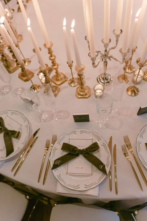 Candlelit Dinner Table Styling With Personalised Place Settings Old Money Wedding Decor, Dinner Table Styling, Jojo Christmas, Candle Table Setting, Romantic Tablescape, Candle Lit Dinner, Candlelight Wedding, Rosewood London, Gold Table Setting