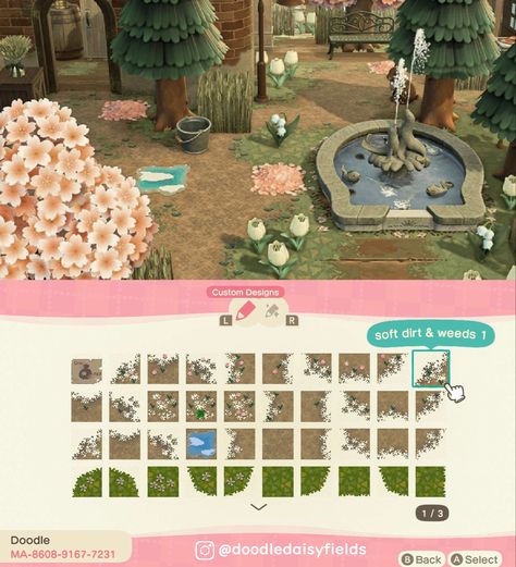 really want the grassy boards design code in front of the fountain on the front right Acnl Paths, November Ideas, Acnh Cottagecore, Animal Crossing 3ds, Fountain Design, Path Design, Animal Crossing Villagers, Island Decor, New Animal Crossing