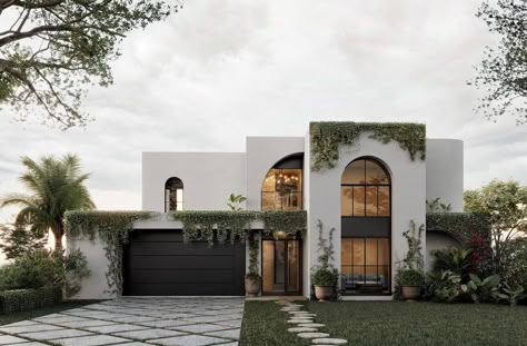 Modern Tuscan, House Flippers, Contemporary House Exterior, Arch House, Mediterranean House, Modern Mediterranean, House Facades, Modern House Facades, Street House