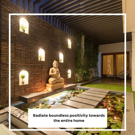 Buddha Courtyard Ideas, Terrace Mandir Ideas, Garden Feature Wall Ideas Outdoor, Partition Cabinet Design, Buddha Statue Home Interior Design, Outdoor Buddha Garden, Buddha Room Design, Room Divider With Shelves, Buddha Garden Backyards