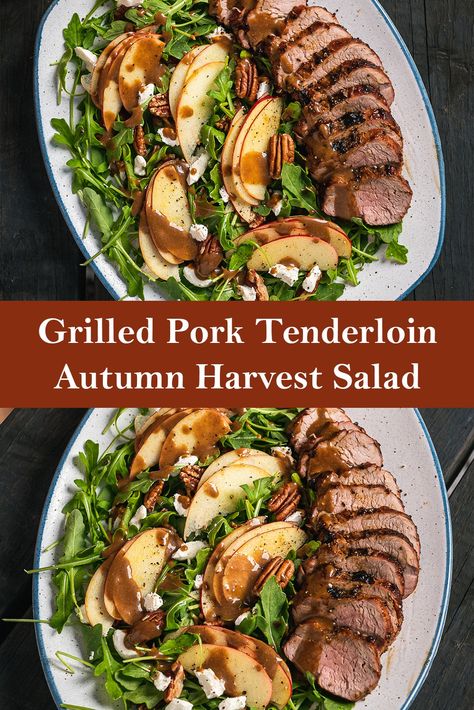 Grilled pork tenderloin with a fall inspired salad all wrapped up with a maple-balsamic vinaigrette. Salad With Pork Tenderloin, Pork Loin Salad, Pork Tenderloin Salad, Autumn Harvest Salad, Maple Balsamic Vinaigrette, Maple Balsamic, Roasted Pork Tenderloins, Harvest Salad, Grilled Pork Tenderloin