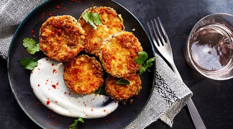 Crispy Eggplant With Minty Yogurt Recipe | Get the recipe for Crispy Eggplant With Minty Yogurt Recipe. Crispy Eggplant, Eggplant Recipes Easy, Fast Dinner Recipes, Fast Dinners, Yogurt Sauce, Yogurt Recipes, Eggplant Recipes, Yummy Dips, Real Simple