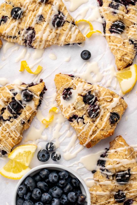 Gluten-Free Lemon Blueberry Scones - Olivia's Kitchen Lemon Blueberry Scones Recipe, Lemon Blueberry Scones, Gluten Free Snacks Recipes, Blueberry Scones Recipe, Gluten Free Scones, Blueberry Scones, Gluten Free Snacks, Scone Recipe, Frozen Blueberries