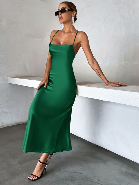 Solid Tie Backless Cami Dress | SHEIN USA Backless Slip Dress, Black Jasper, Satin Cami Dress, Dress Sleeve Styles, Sling Dress, Suspender Dress, Hip Dress, Cutout Dress, Club Dresses