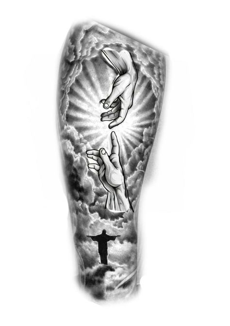 Clouds Tattoo Sleeve, Angel Tattoo On Forearm, Jesus Forearm Tattoo, Cloud Tattoo Sleeve, Arm Tattoos For Guys Forearm, Memorial Tattoo Ideas, Mandala Hand Tattoos, Simple Arm Tattoos, Half Sleeve Tattoos Drawings