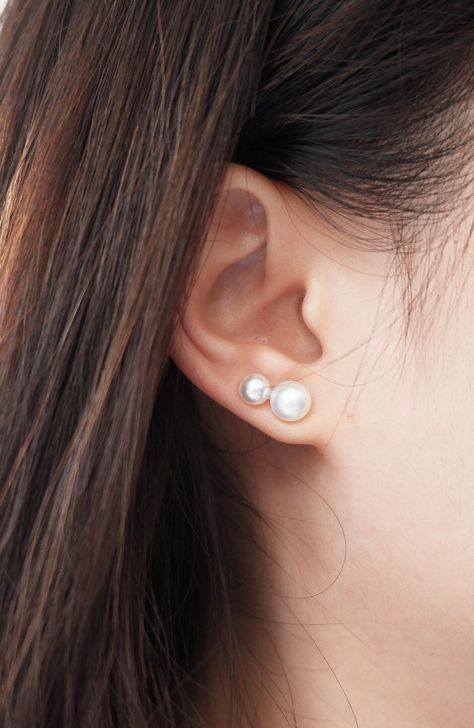 Double Ball Earring Double Sided Earring Double Pearl Earring Dainty Pearl Stud Tiny Pearl Stud Fresh water pearl studs White Pearl Earring by Nevernjewelry on Etsy Earrings Combinations Double, Pearl Earrings Double Piercing, Double Piercing Earrings Pearls, Double Ear Piercing Pearl, Pearl Earrings Studs Classy, Double Earrings Combinations, Pearl Piercing, Double Pearl Earrings, Double Ear Piercings