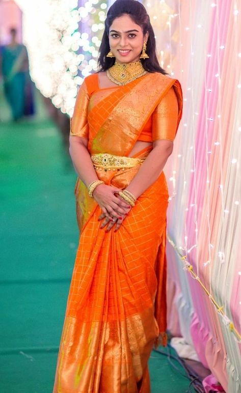 Orange Saree Look, Onam Special, Vaddanam Designs, Indian Women Fashion, Saree Jewellery, Orange Saree, Bridal Silk Saree, Saree Models, Orange Colour